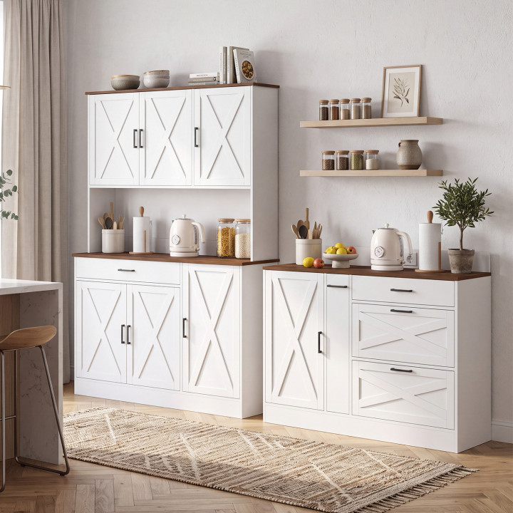 Buffet bas casserolier de cuisine 120 cm LOUISE avec tiroir range épices et prises bois et blanc