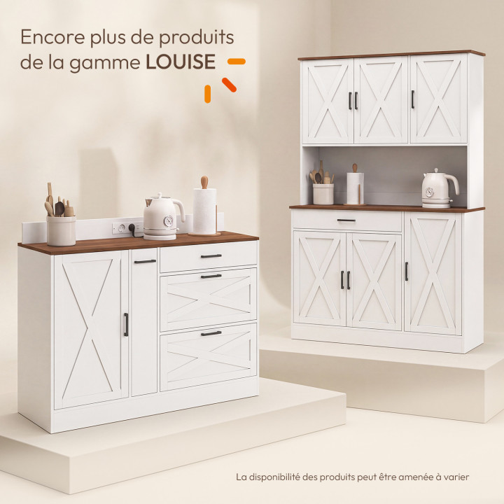 Credenza bassa da cucina con ripiani per pentole LOUISE da 120 cm, con cassetto porta-spezie e presa multipla, bianca e in legno