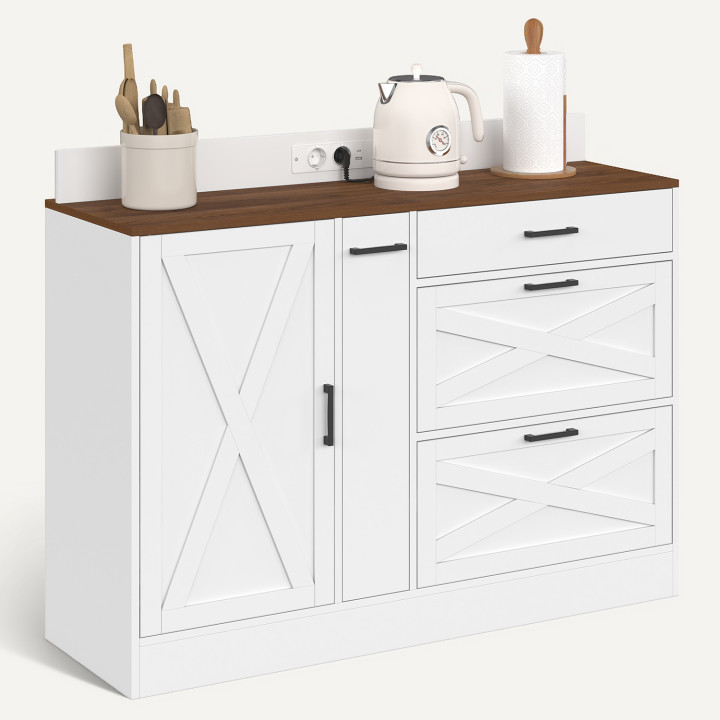 Niedriger Küchenschrank „LOUISE“ (120 cm) mit Gewürzschublade und Mehrfachsteckdose, in Weiß und Holzoptik in Nussbaum