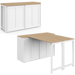 Uitschuifbaar buffet van 120 cm met 2 schuifdeuren en een draaibare en opklapbare eettafel JANGO voor 2 tot 4 personen, wit en h