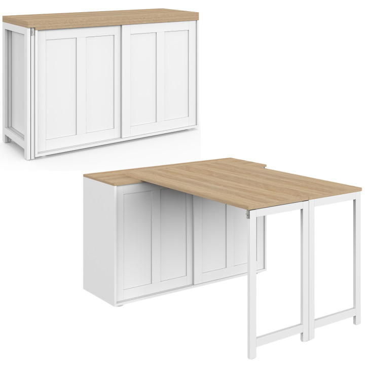 Ausziehbares Sideboard, 120 cm, 2 Schiebetüren, mit drehbarem und klappbarem Esstisch „JANGO“ für 2 bis 4 Personen, weiß und Hol