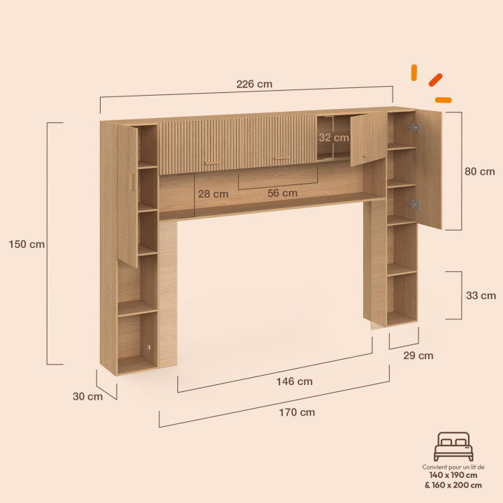 JULIETTE-bedframe 226 cm met opbergruimte, lattenbodem-look, houten latten