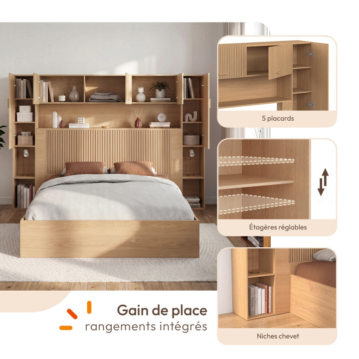 JULIETTE-bedframe 226 cm met opbergruimte, lattenbodem-look, houten latten