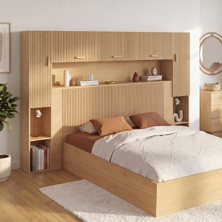 JULIETTE-bedframe 226 cm met opbergruimte, lattenbodem-look, houten latten