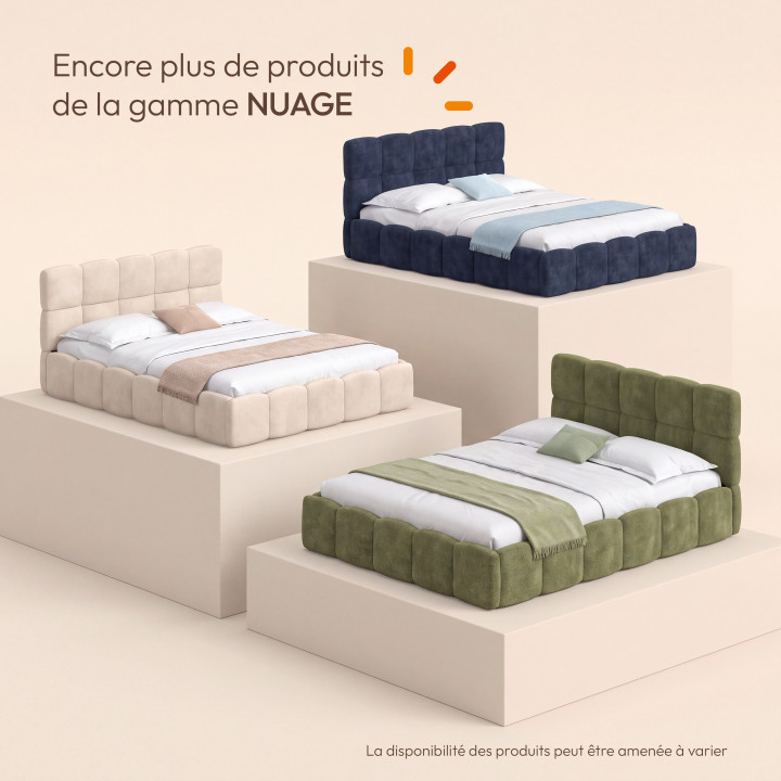 Letto matrimoniale a contenitore NUAGE con testiera imbottita e rete da 140 x 190 cm in tessuto effetto ciniglia blu