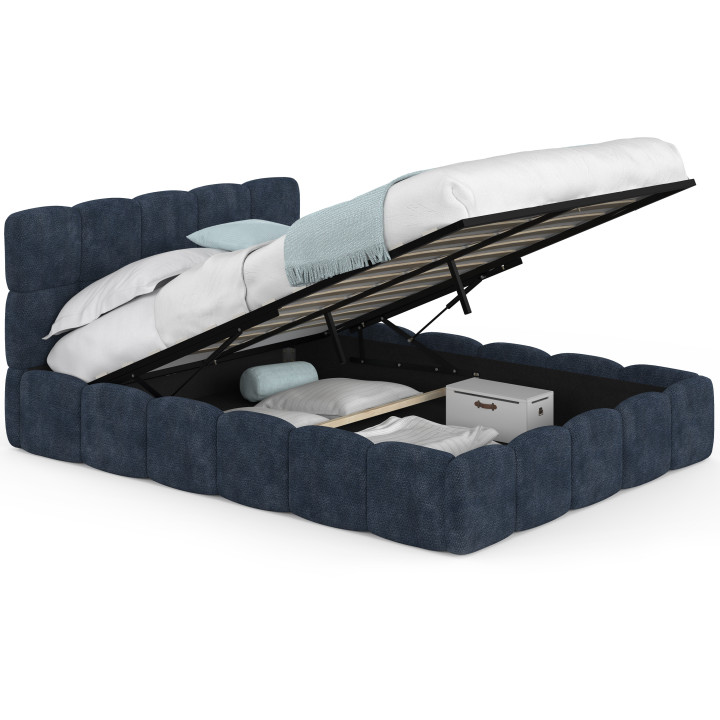 Letto matrimoniale a contenitore NUAGE con testiera imbottita e rete da 140 x 190 cm in tessuto effetto ciniglia blu