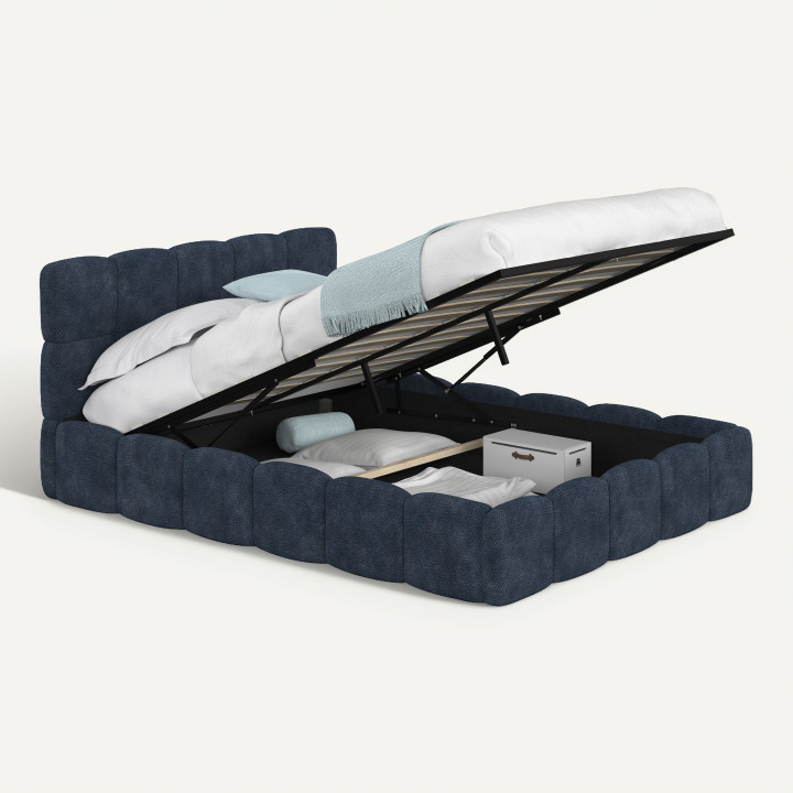 NUAGE tweepersoons opbergbed met gewatteerd hoofdeinde en lattenbodem van 140 x 190 cm, uitgevoerd in blauwe stof met chenille-e