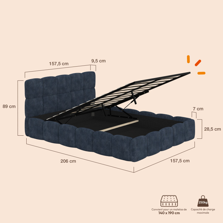 Letto matrimoniale a contenitore NUAGE con testiera imbottita e rete da 140 x 190 cm in tessuto effetto ciniglia blu