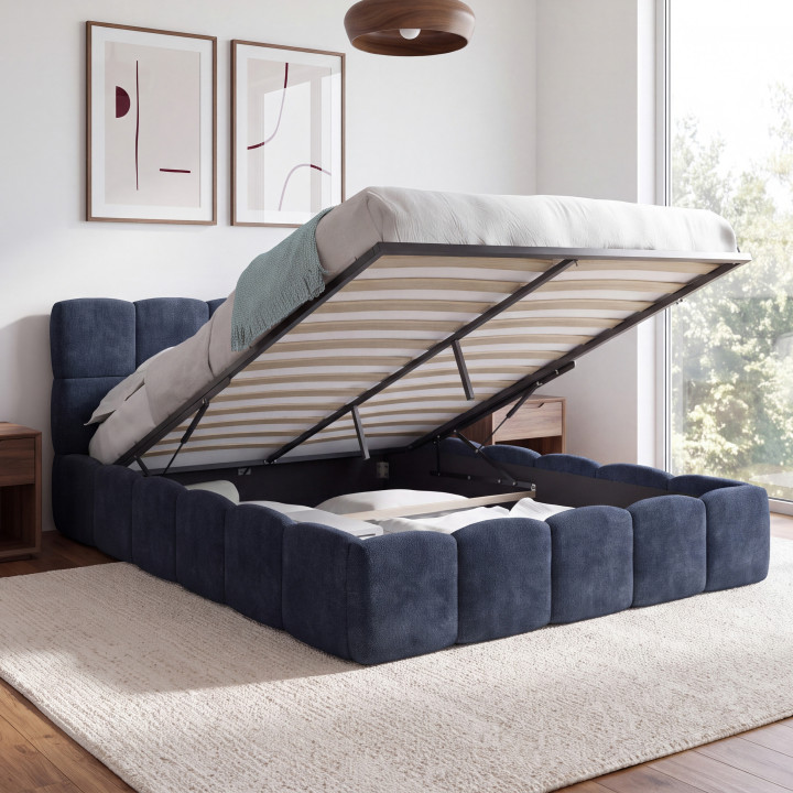Lit coffre double NUAGE avec tête de lit matelassée et sommier 140 x 190 cm tissu effet chenille bleu