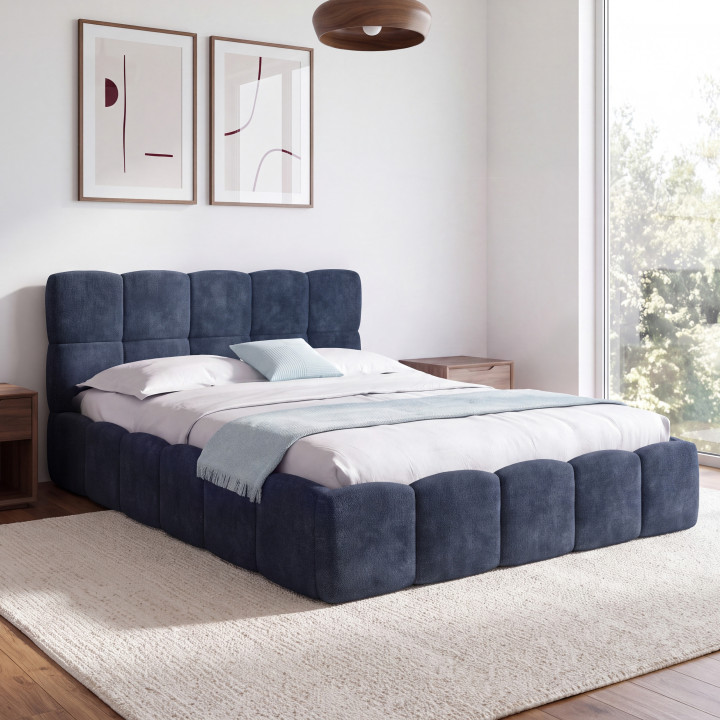 Letto matrimoniale a contenitore NUAGE con testiera imbottita e rete da 140 x 190 cm in tessuto effetto ciniglia blu