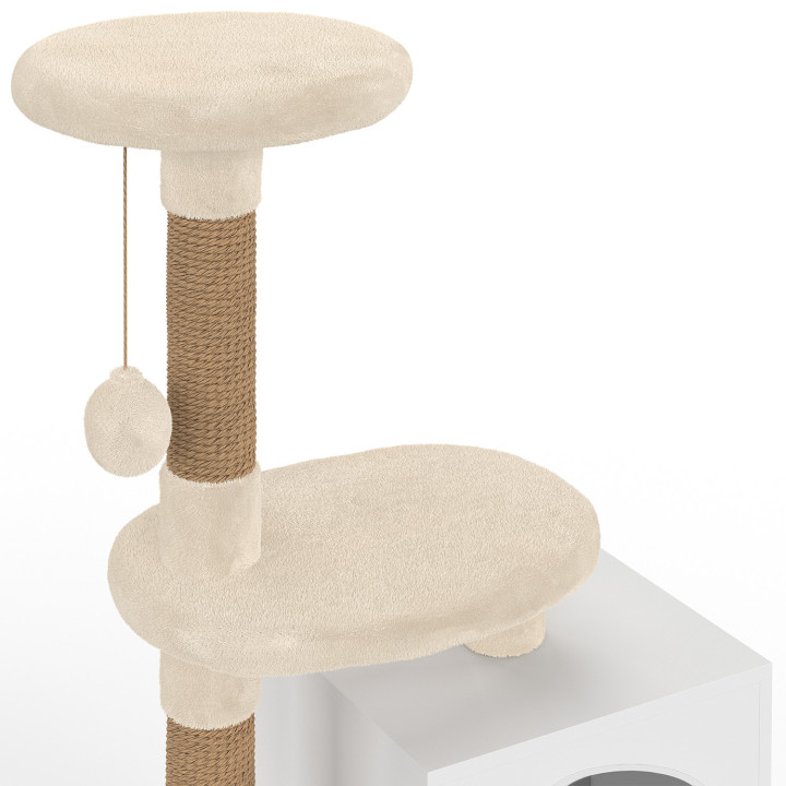 Kattentoilet met krabpaal, kattenbakafscherming met 2 deurtjes, ligplaats en platform van wit hout