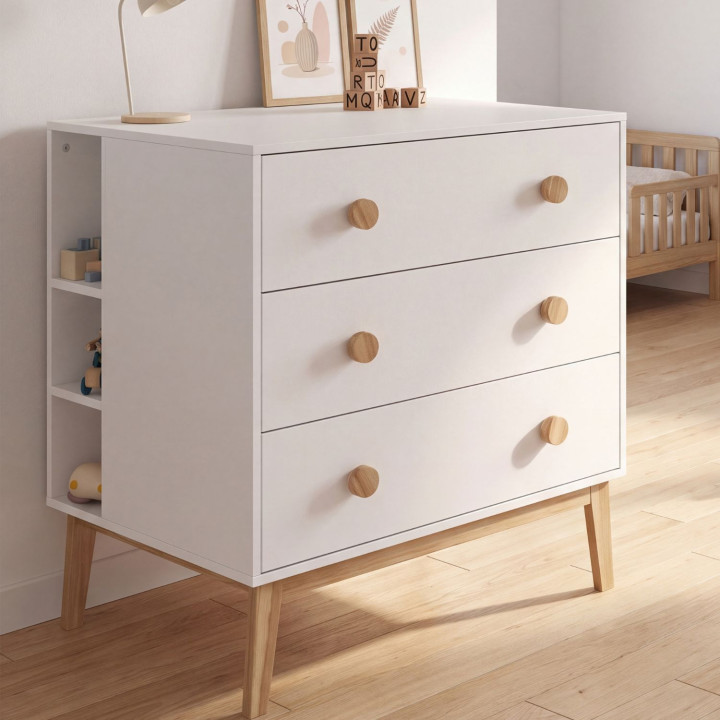 JACOB-commode met 3 lades, in wit en hout, afneembaar verschoonblad en 2 planken