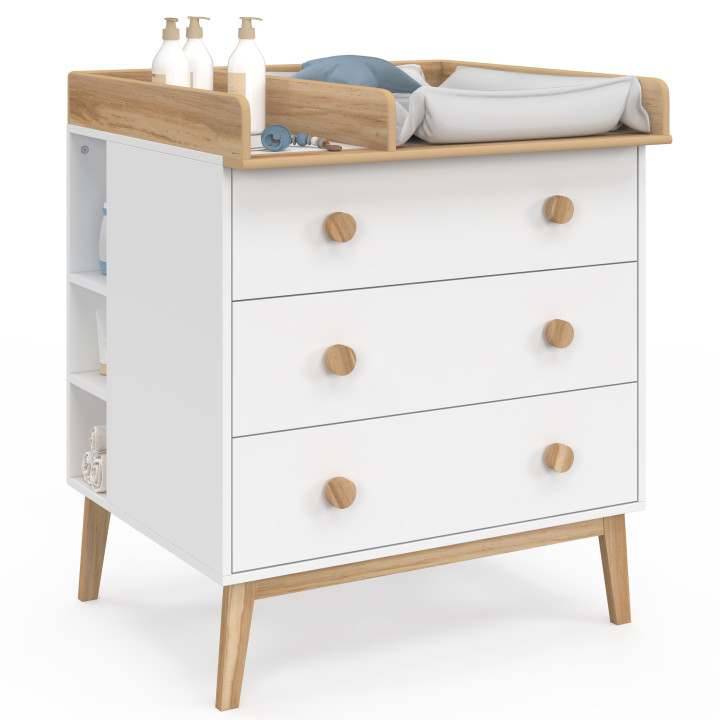 JACOB-commode met 3 lades, in wit en hout, afneembaar verschoonblad en 2 planken