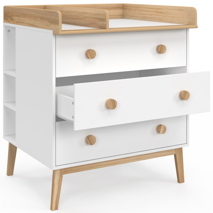 Cómoda cambiador JACOB en blanco y madera, con 3 cajones, cambiador extraíble y 2 estantes