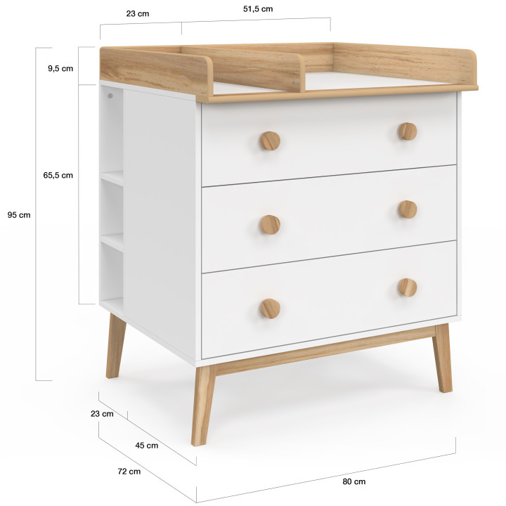 JACOB-commode met 3 lades, in wit en hout, afneembaar verschoonblad en 2 planken