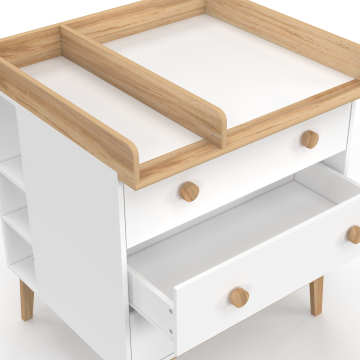 JACOB-commode met 3 lades, in wit en hout, afneembaar verschoonblad en 2 planken