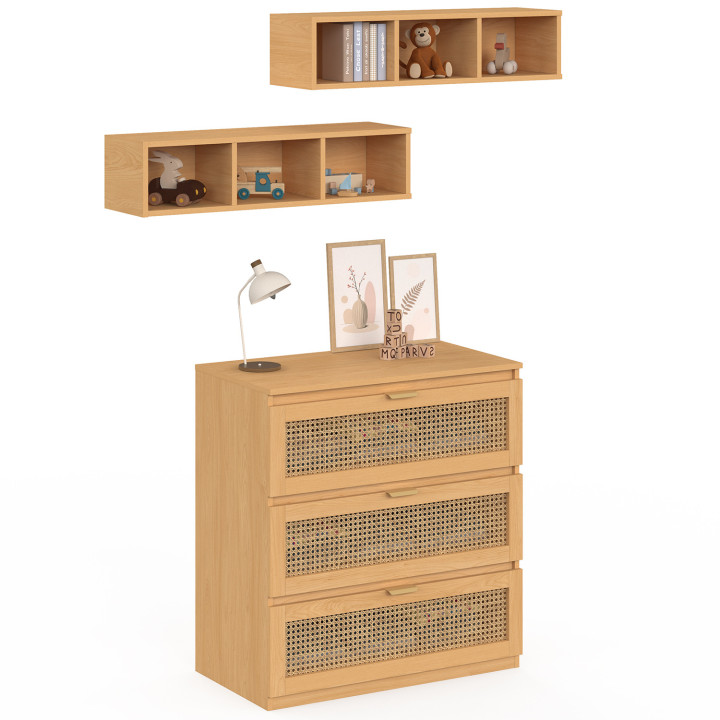 Commode à langer évolutive EDHEN bois et cannage 3 tiroirs table à langer et 2 étagères amovibles