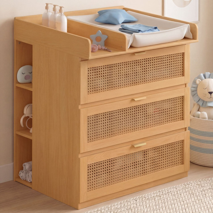 Comò fasciatoio evolutivo EDHEN in legno e vimini con 3 cassetti, piano fasciatoio e 2 ripiani rimovibili