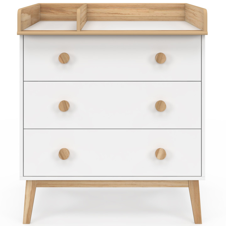 JACOB-commode met 3 lades, in wit en hout, afneembaar verschoonblad en 2 planken
