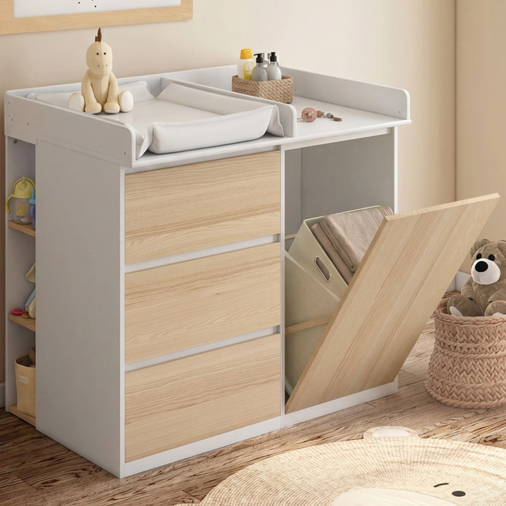 Meegroeiende verschooncommode AMBRE in beukenhout-look en wit, met 3 lades, 1 wasmand, een verschoontafel en 2 uitneembare plank