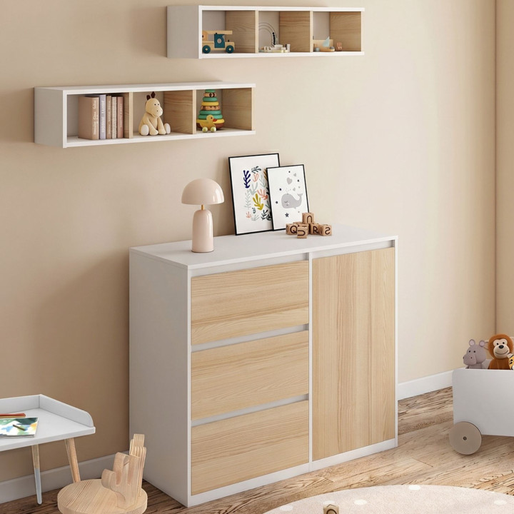 Meegroeiende verschooncommode AMBRE in beukenhout-look en wit, met 3 lades, 1 wasmand, een verschoontafel en 2 uitneembare plank