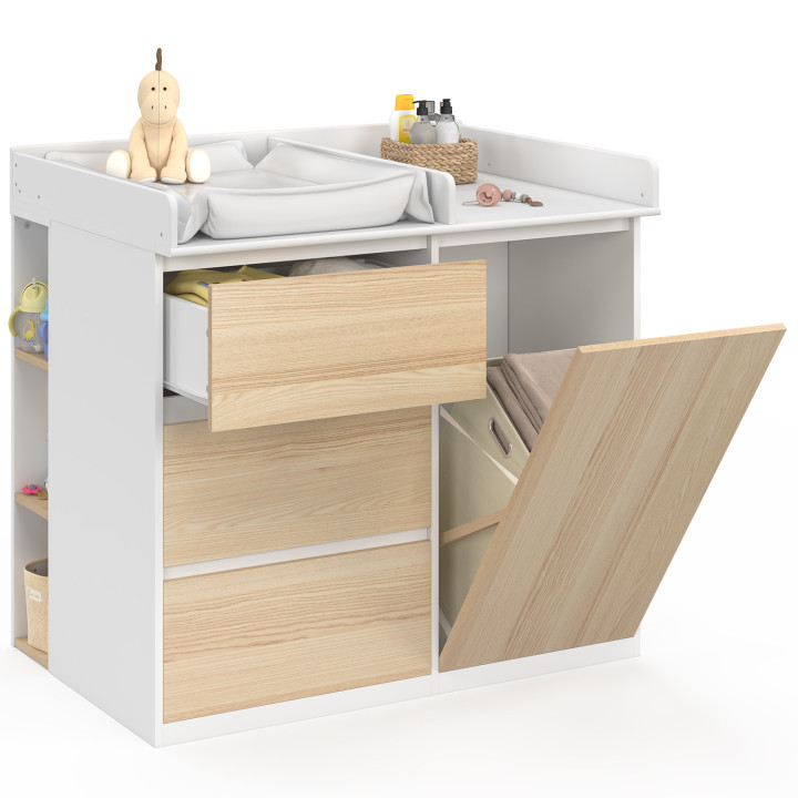 Meegroeiende verschooncommode AMBRE in beukenhout-look en wit, met 3 lades, 1 wasmand, een verschoontafel en 2 uitneembare plank