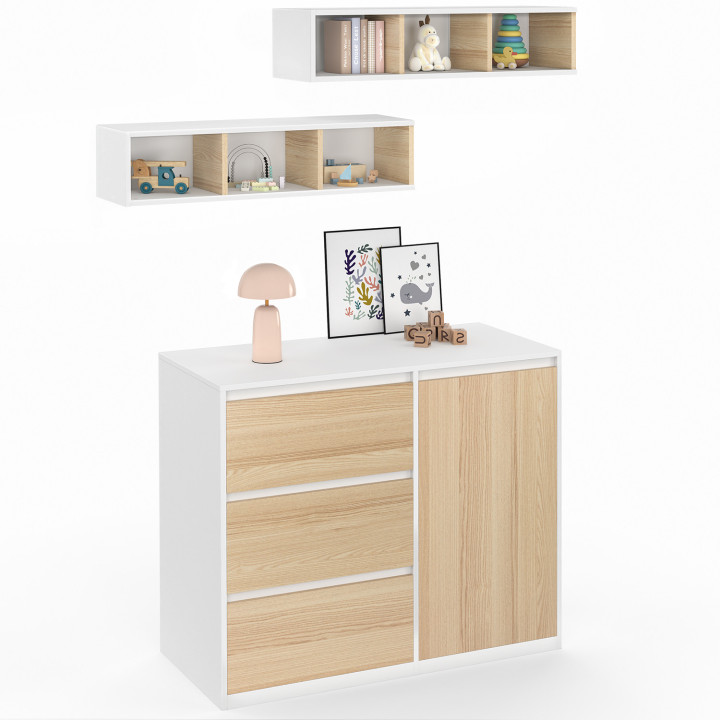 Meegroeiende verschooncommode AMBRE in beukenhout-look en wit, met 3 lades, 1 wasmand, een verschoontafel en 2 uitneembare plank