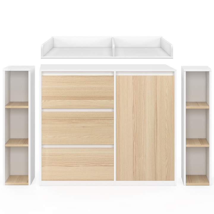 Meegroeiende verschooncommode AMBRE in beukenhout-look en wit, met 3 lades, 1 wasmand, een verschoontafel en 2 uitneembare plank