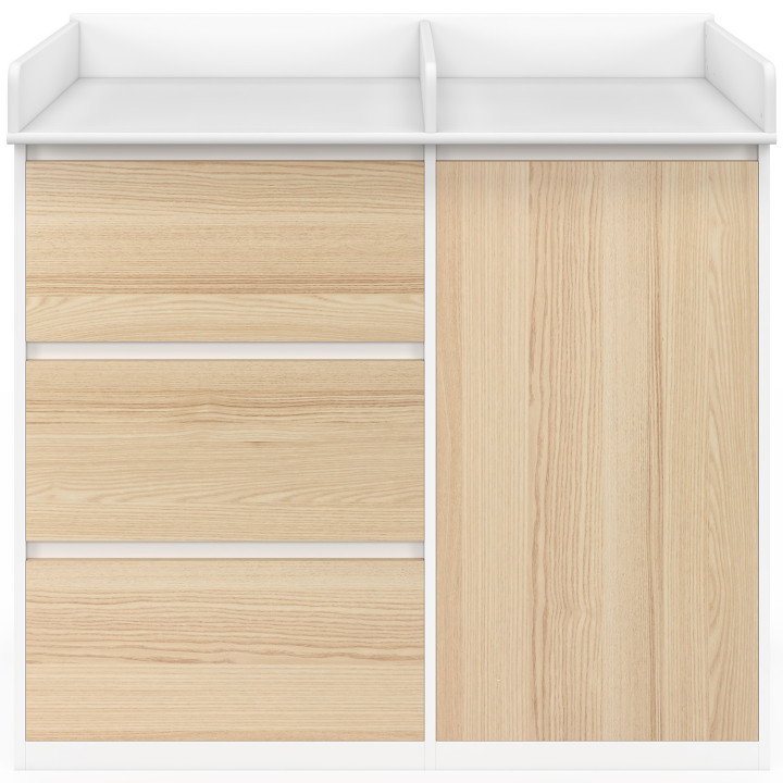 Comodino fasciatoio evolutivo AMBRE in finitura faggio e bianco, con 3 cassetti, 1 cesto per la biancheria, fasciatoio e 2 ripia