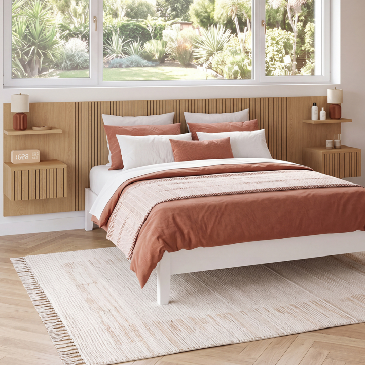 Testiera sospesa JULIETTE da 240 cm con comodini + cassetto con effetto doghe in legno