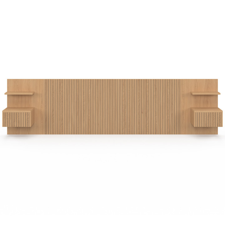 Hangend hoofdeinde JULIETTE 240 cm met nachtkastjes + lade met lattenpatroon en houten latten