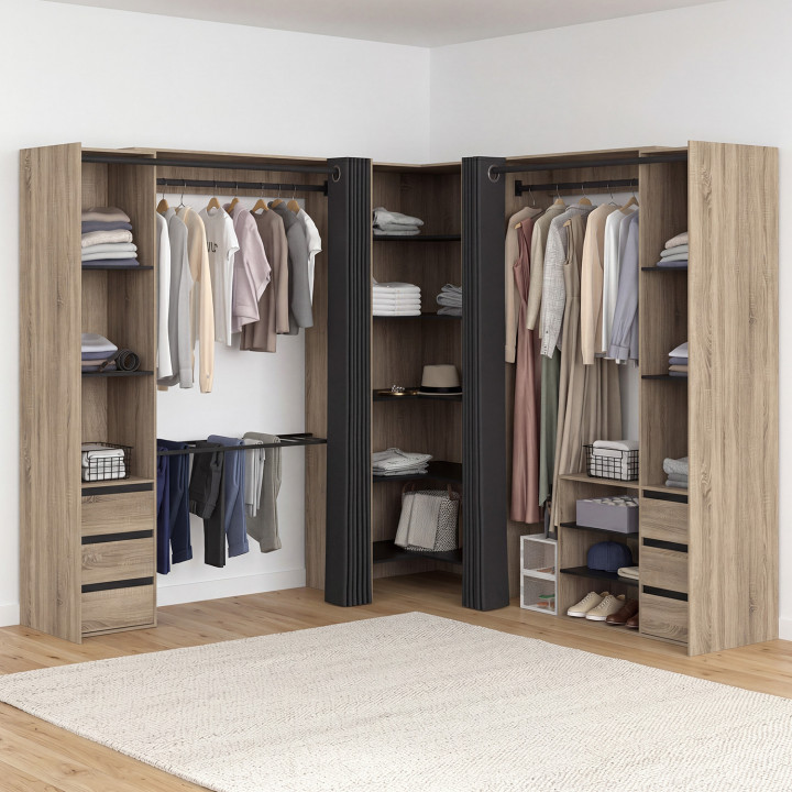 Dressing extensible d'angle MARLON 220 x 220 x 180 cm hêtre avec penderies + porte pantalon + étagères + tiroir + rideaux noirs