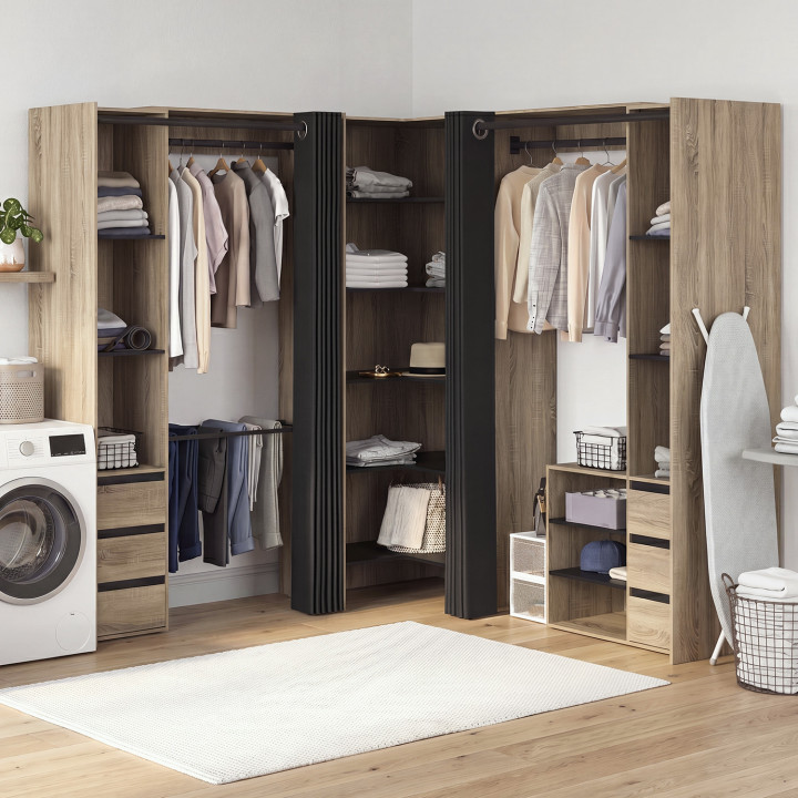 Dressing extensible d'angle MARLON 220 x 220 x 180 cm hêtre avec penderies + porte pantalon + étagères + tiroir + rideaux noirs
