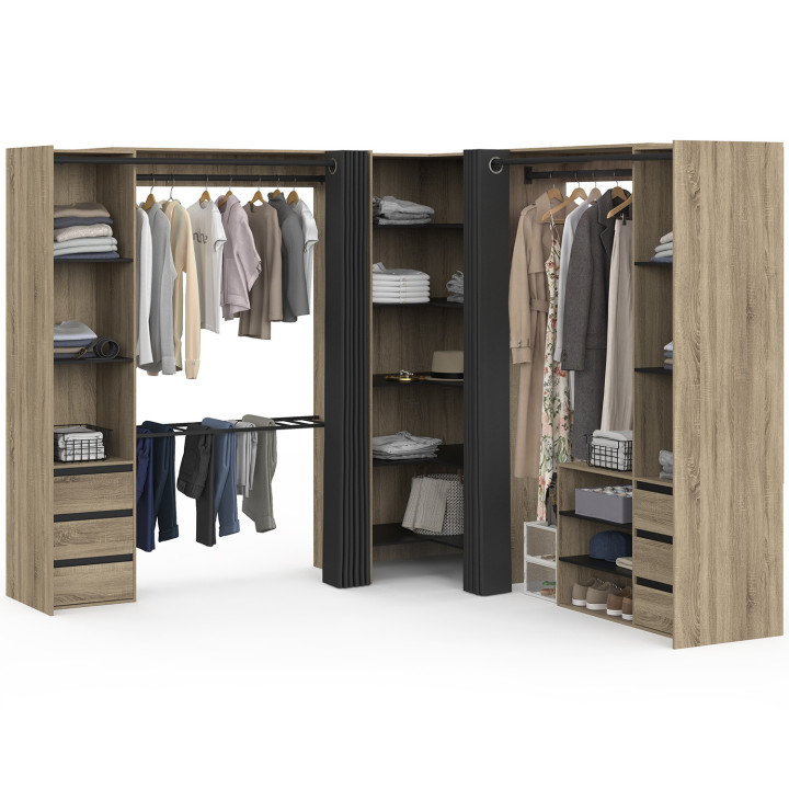 Dressing extensible d'angle MARLON 220 x 220 x 180 cm hêtre avec penderies + porte pantalon + étagères + tiroir + rideaux noirs