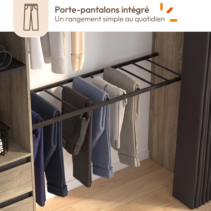 Armadio angolare espandibile MARLON 220 x 220 x 180 cm in faggio con appendiabiti + porta pantaloni + ripiani + cassetti + tende