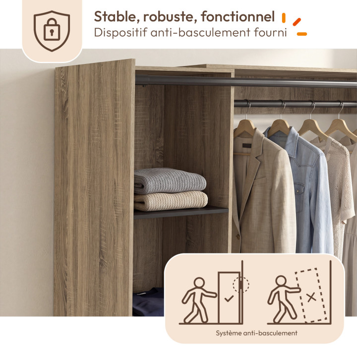 Dressing extensible d'angle MARLON 220 x 220 x 180 cm hêtre avec penderies + porte pantalon + étagères + tiroir + rideaux noirs