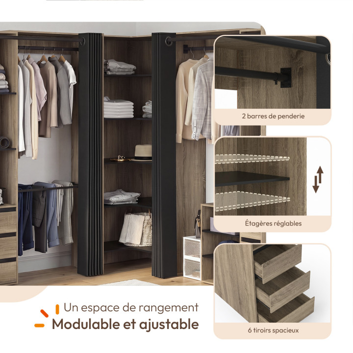 Dressing extensible d'angle MARLON 220 x 220 x 180 cm hêtre avec penderies + porte pantalon + étagères + tiroir + rideaux noirs