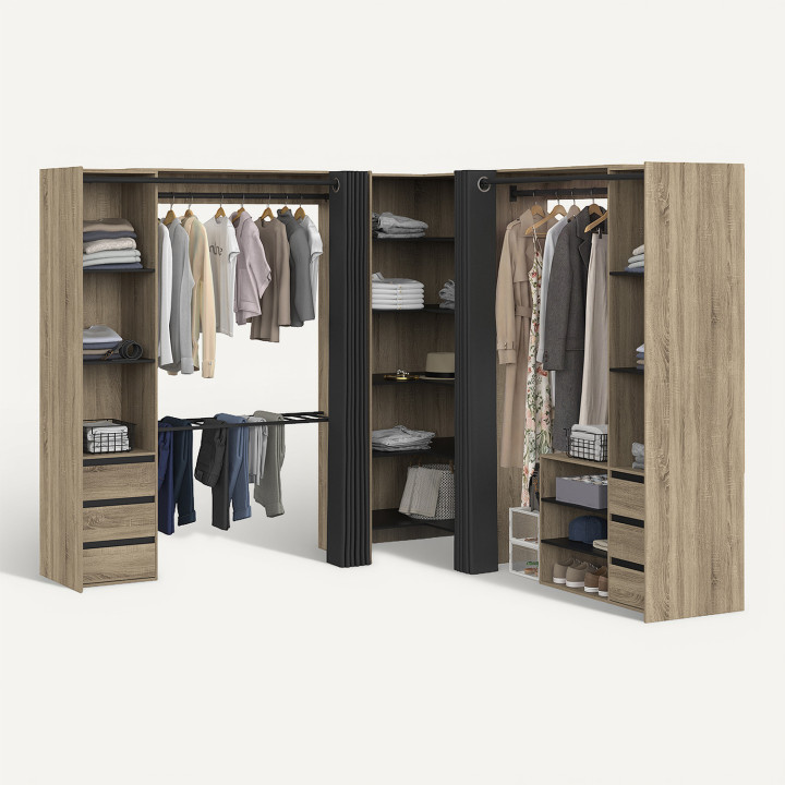 Armadio angolare espandibile MARLON 220 x 220 x 180 cm in faggio con appendiabiti + porta pantaloni + ripiani + cassetti + tende