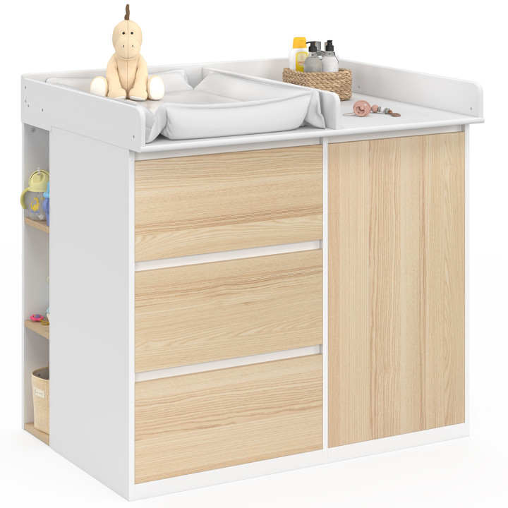 Commode à langer évolutive AMBRE façon hêtre et blanc 3 tiroirs, 1 panier à linge, table à langer et 2 étagères amovibles