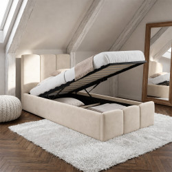 NUAGE eenpersoonsbed met opbergruimte, gewatteerd hoofdeinde en lattenbodem 90 x 190 cm, beige fluweel