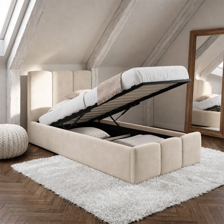 Letto singolo con contenitore NUAGE con testiera imbottita e rete 90 x 190 cm in velluto beige