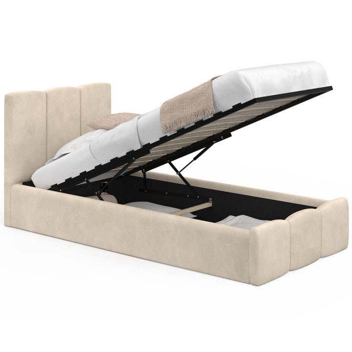NUAGE eenpersoonsbed met opbergruimte, gewatteerd hoofdeinde en lattenbodem 90 x 190 cm, beige fluweel