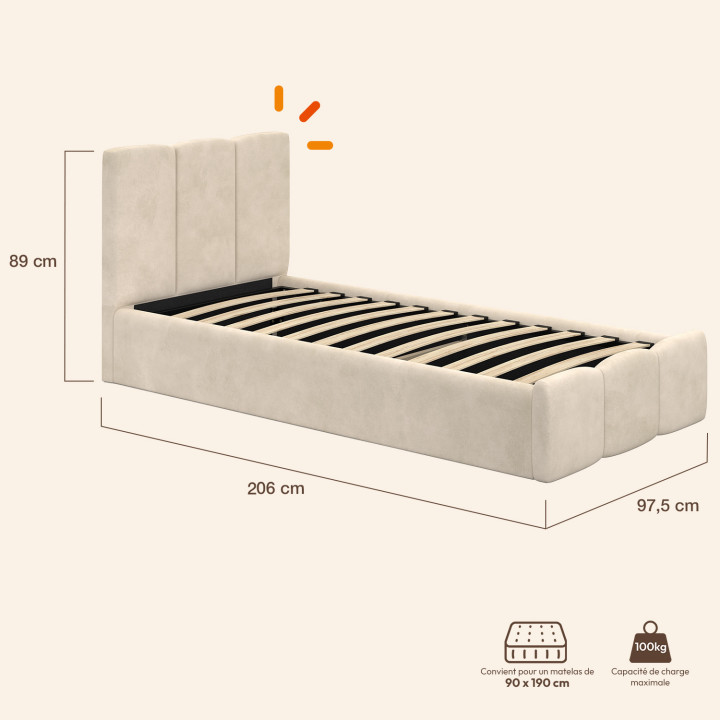 NUAGE eenpersoonsbed met opbergruimte, gewatteerd hoofdeinde en lattenbodem 90 x 190 cm, beige fluweel