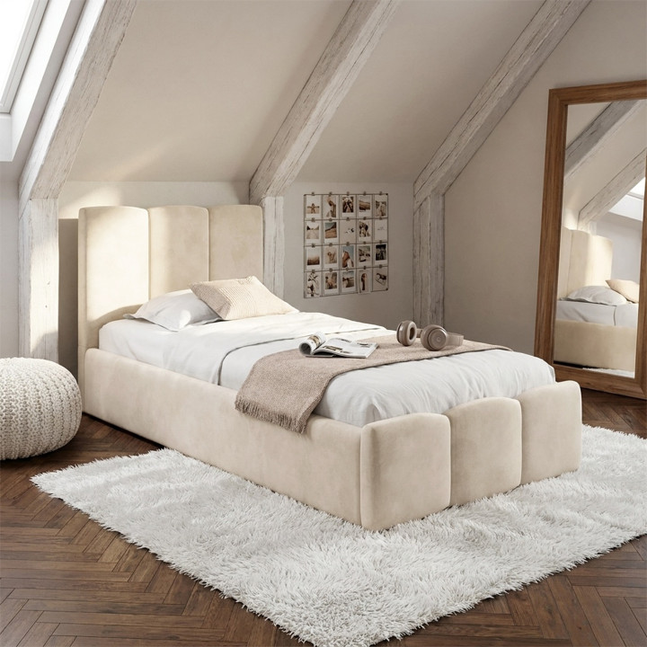 Letto singolo con contenitore NUAGE con testiera imbottita e rete 90 x 190 cm in velluto beige
