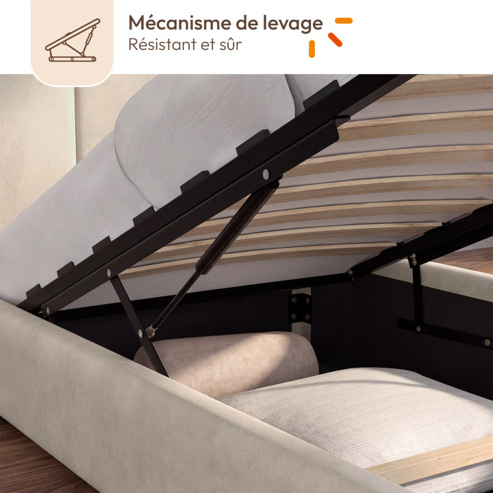 NUAGE eenpersoonsbed met opbergruimte, gewatteerd hoofdeinde en lattenbodem 90 x 190 cm, beige fluweel