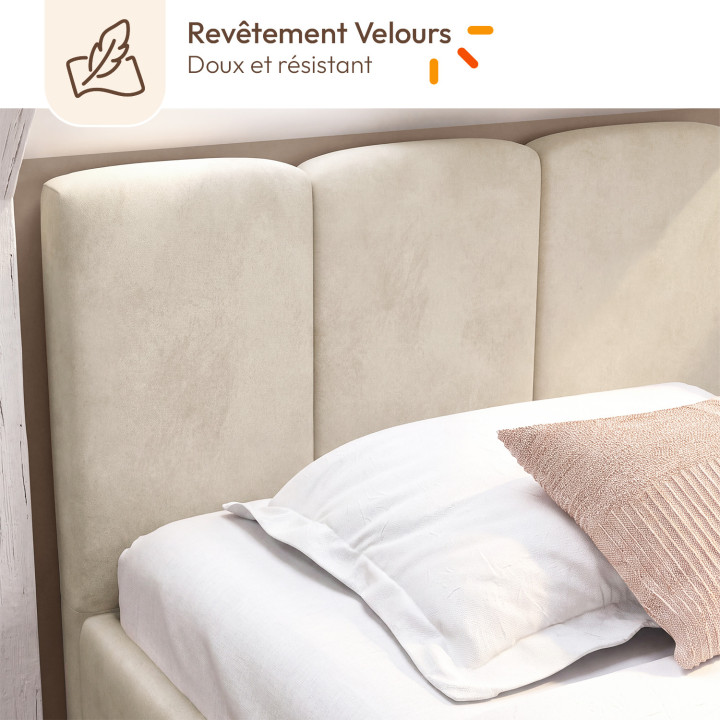 Lit coffre simple NUAGE avec tête de lit matelassée et sommier 90 x 190 cm velours beige