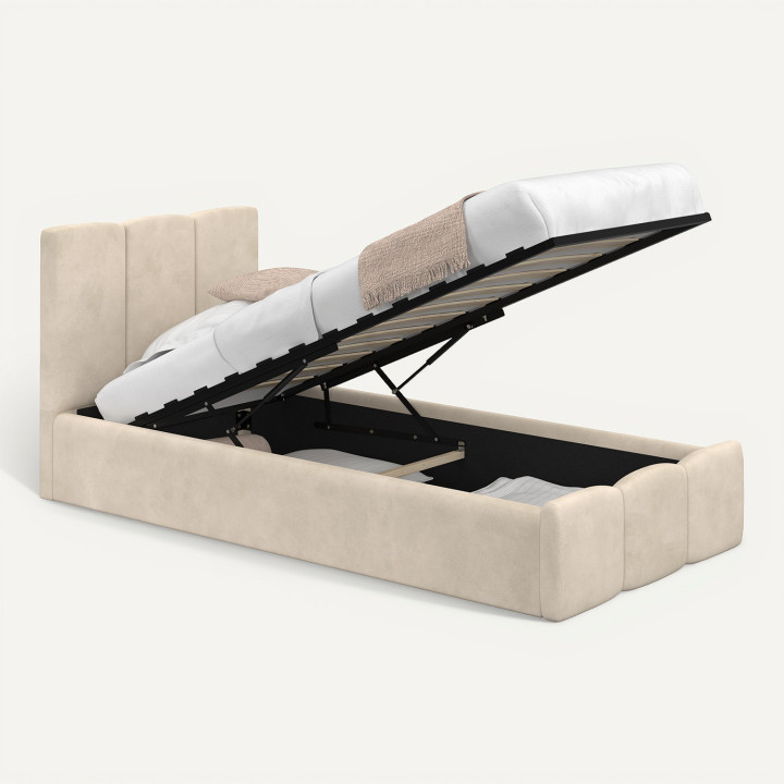 Letto singolo con contenitore NUAGE con testiera imbottita e rete 90 x 190 cm in velluto beige