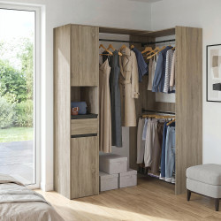 Dressing d'angle modulable L. 145/199 cm MELMAN triple penderie + portes + tiroir + étagères bois et noir