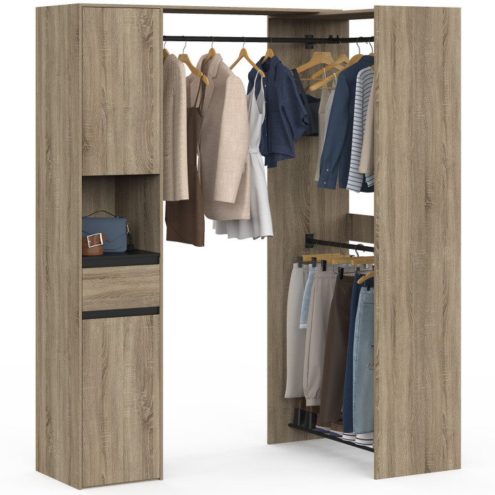 Dressing d'angle modulable L. 145/199 cm MELMAN triple penderie + portes + tiroir + étagères bois et noir