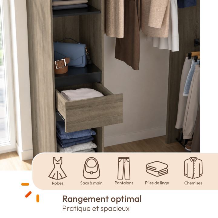 Armadio angolare modulare L. 145 / 203 cm MELMAN con tripla appendiabiti + ante + cassetto + ripiani in legno e nero